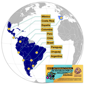 Mapa terráqueo con países que pertenecen a la «Red Internacional de Escuelas por la Inclusión y la Equidad: Avanzando con proyectos de investigación. Acción participativa en España y América Latina». Entre los países señalados están México, Costa Rica, España, Colombia, Perú, Chile, Brasil, Paraguay, Uruguay y Argentina.