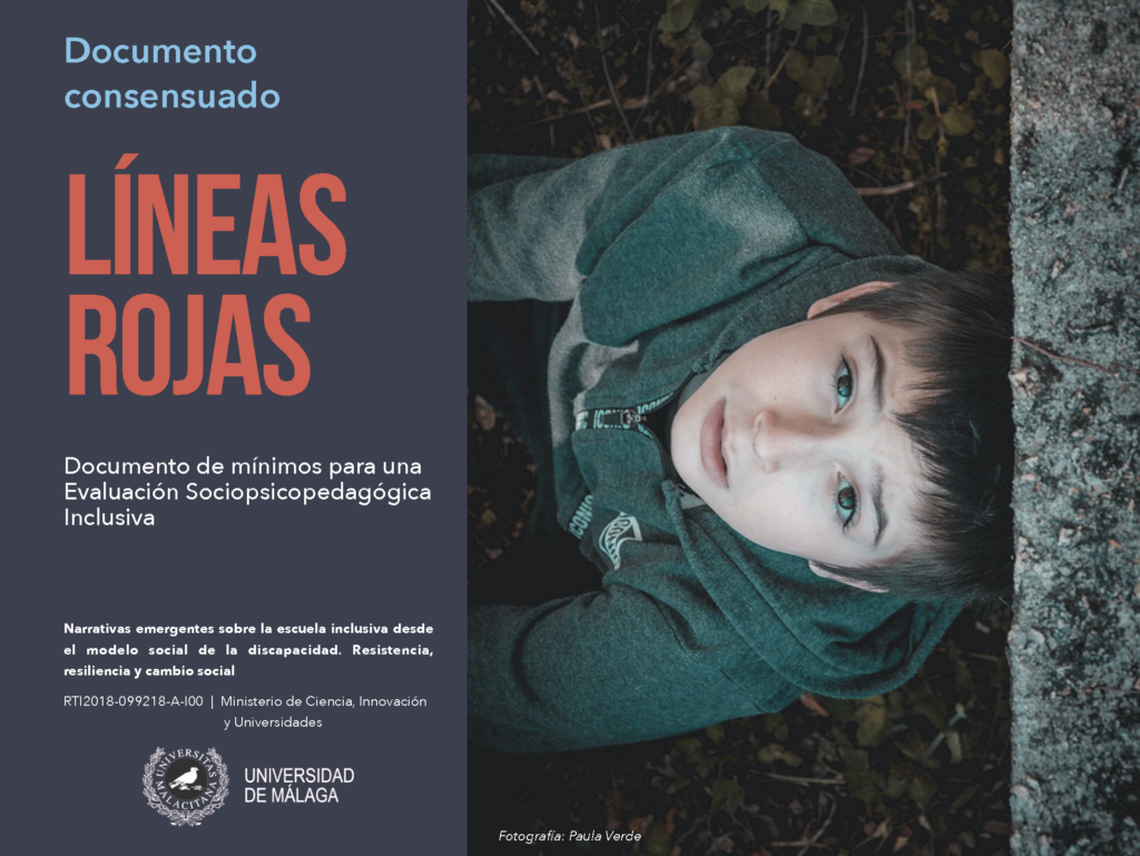 Portada del documento 'Líneas Rojas'. A la izquierda, título y subtítulo, especificados en esta entrada. A la derecha, fotografía en color. Vista superior de un niño que mira directamente a la cámara. Viste una sudadera con capucha verde. A su alrededor, un suelo cubierto de hojas y vegetación. 