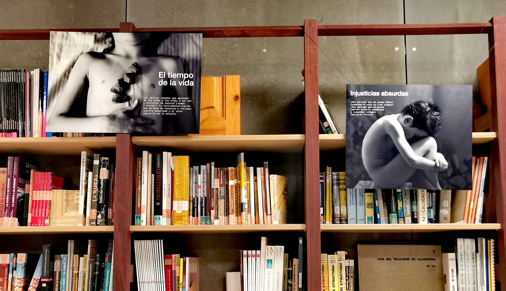 Fotografía de una estantería de una biblioteca. Los libros, con sus signaturas para ordenarlos. En las estanterías puede verse dos composiciones de la exposición "Reconocer la diversidad", con fotografías de Paula Verde en blanco y negro de dos cuerpos de niños, y textos breves de Ignacio Calderón. La primera imagen del torso desnudo de un niño tumbado boca arriba, que sostiene sobre el pecho unas flores. Puede leerse "El tiempo de la vida". En la otra, otro niño desnudo acurrucado, visto de perfil, con la cabeza en las rodillas. Puede leerse "Injusticias absurdas".