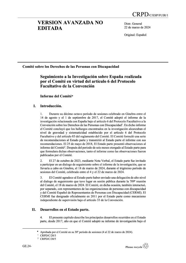 Portada del Informe de Seguimiento a la Investigación sobre España realizada por el Comité en virtud del artículo 6 del Protocolo Facultativo de la Convención