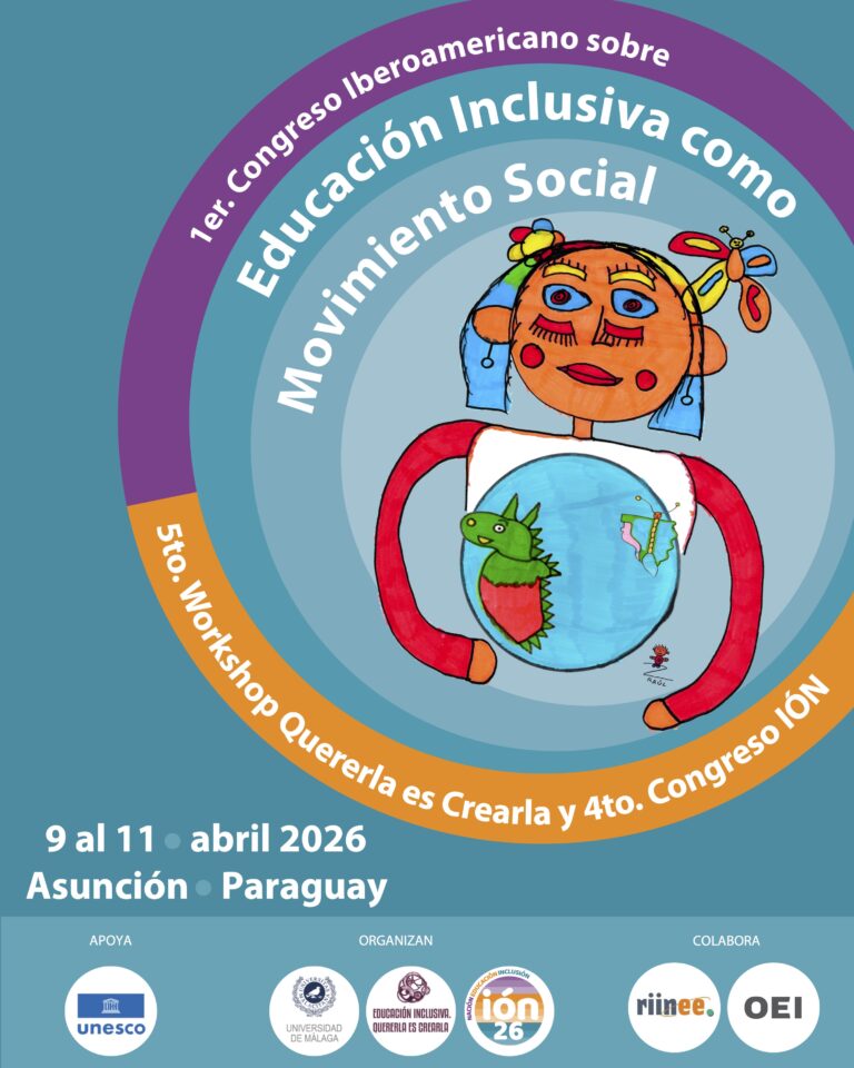Cartel del congreso. Sobre fondo verde, unos círculos concéntricos a la arriba de la imagen enmarcan el dibujo hecho a rotulador de una niña con muchos colores alegres, como rojo, celeste, naranja y amarillo. Sobre su camiseta, y abrazándola, una bola del mundo azul, en la que destacan dos figuras: un dragón a la izquierda, con la forma de Latinoamérica, y una mariposa a la derecha, con la forma de la Península Ibérica. Arriba, sobre la imagen y dentro de los círculos de colores , puede leerse sobre las siguientes letras impresas: 1er Congreso Latinoamericano sobre educación inclusiva como movimiento social. En la parte inferior del círculo más grande, sobre un color naranja, se lee: 5to. Workshop Quererla es Crearla y 4to. Congreso ION. Debajo pueden leerse detalles de ubicación, fecha y horario, los logos del apoyo de UNESCO, los organizadores (Quererla es Crearla, Congreso IÓN y Universidad de Málaga) y la colaboración de la RIINEE y la OEI.