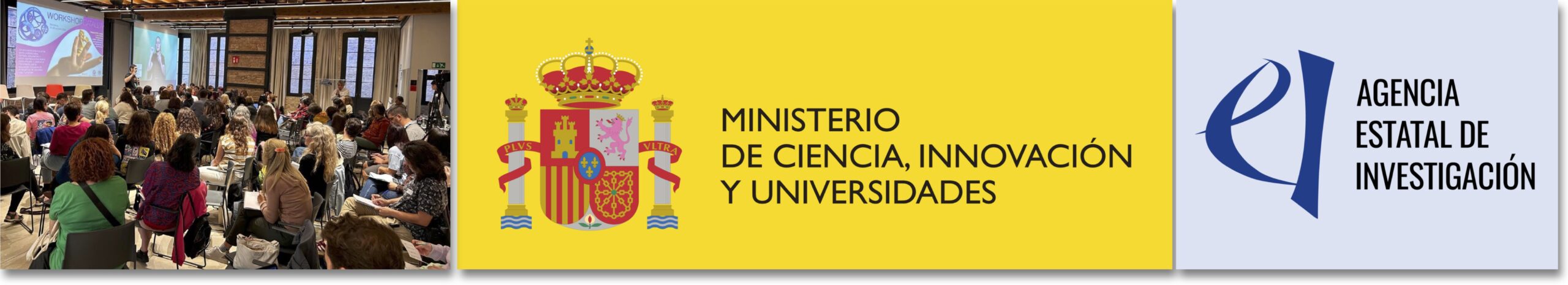 Banner construido con tres imágenes. Junto a una fotografía de un encuentro participativo, los logos del Ministerio de Ciencia, Innovación y Universidades, y de la Agencia Española de Investigación