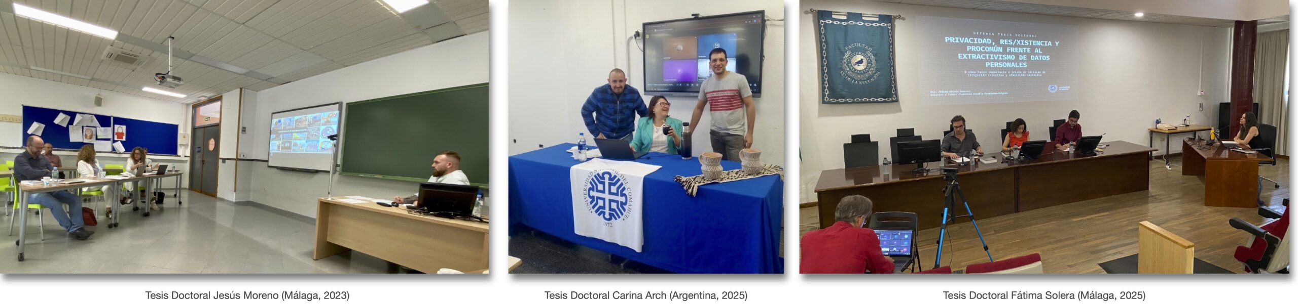 Banner construido con tres fotografías de tres momentos de lectura de Tesis Doctorales: la de Jesús Moreno (Málaga, 2023), la de Carina Arch (Argentina, 2025) y la de Fátima Solera (Málaga, 2025).