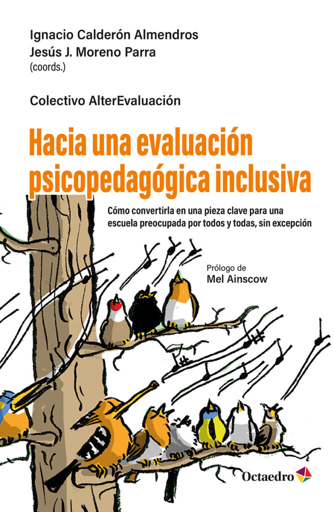 Portada de la Guía "Hacia una evaluación psicopedagógica inclusiva". La ilustración es un dibujo, hecho por David G. Gándara, de un grupo de pájaros cantando en las ramas de un árbol.