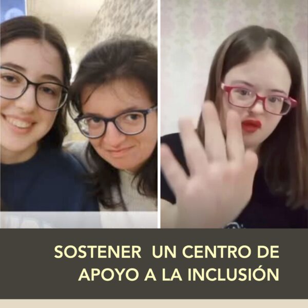 Botón con dos imágenes, capturas de pantalla de dos reels, una al lado de la otra. La imagen de la izquierda contiene a dos chicas sonrientes. La de la derecha, a una chica que muestra los 5 dedos de una mano a la cámara. Abajo, sobre fondo gris transparente, puede leerse: sostener un centro de apoyo a la inclusión.