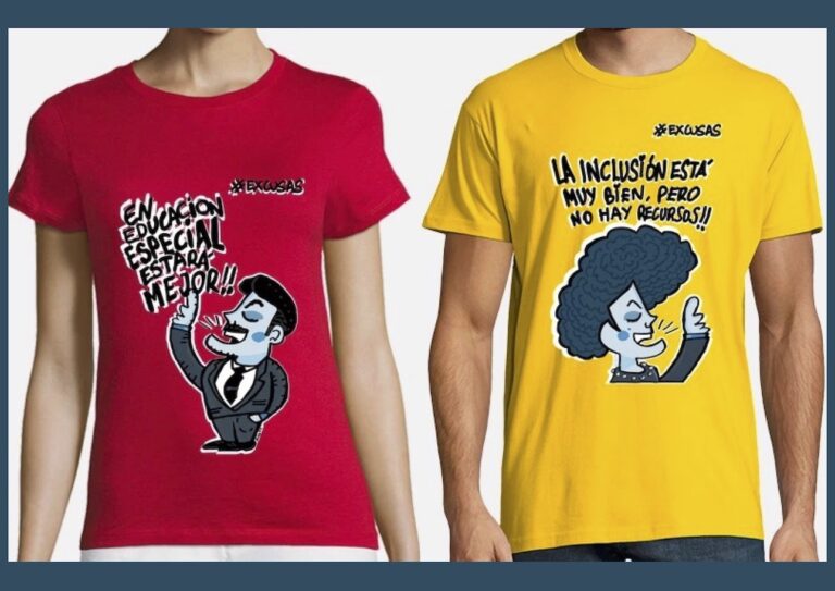 Imagen con el tronco de una mujer y un hombre, ambos mirando hacia el frente. La mujer lleva una camiseta roja con el dibujo de un hombre con bigote que dice: "En educación especial estará mejor". El hombre lleva una camiseta amarilla, con el dibujo de una mujer exclamando: "La inclusión está muy bien, pero no hay recursos!!". Ambas camisetas tiene escrito arriba el hashtag #Excusas.