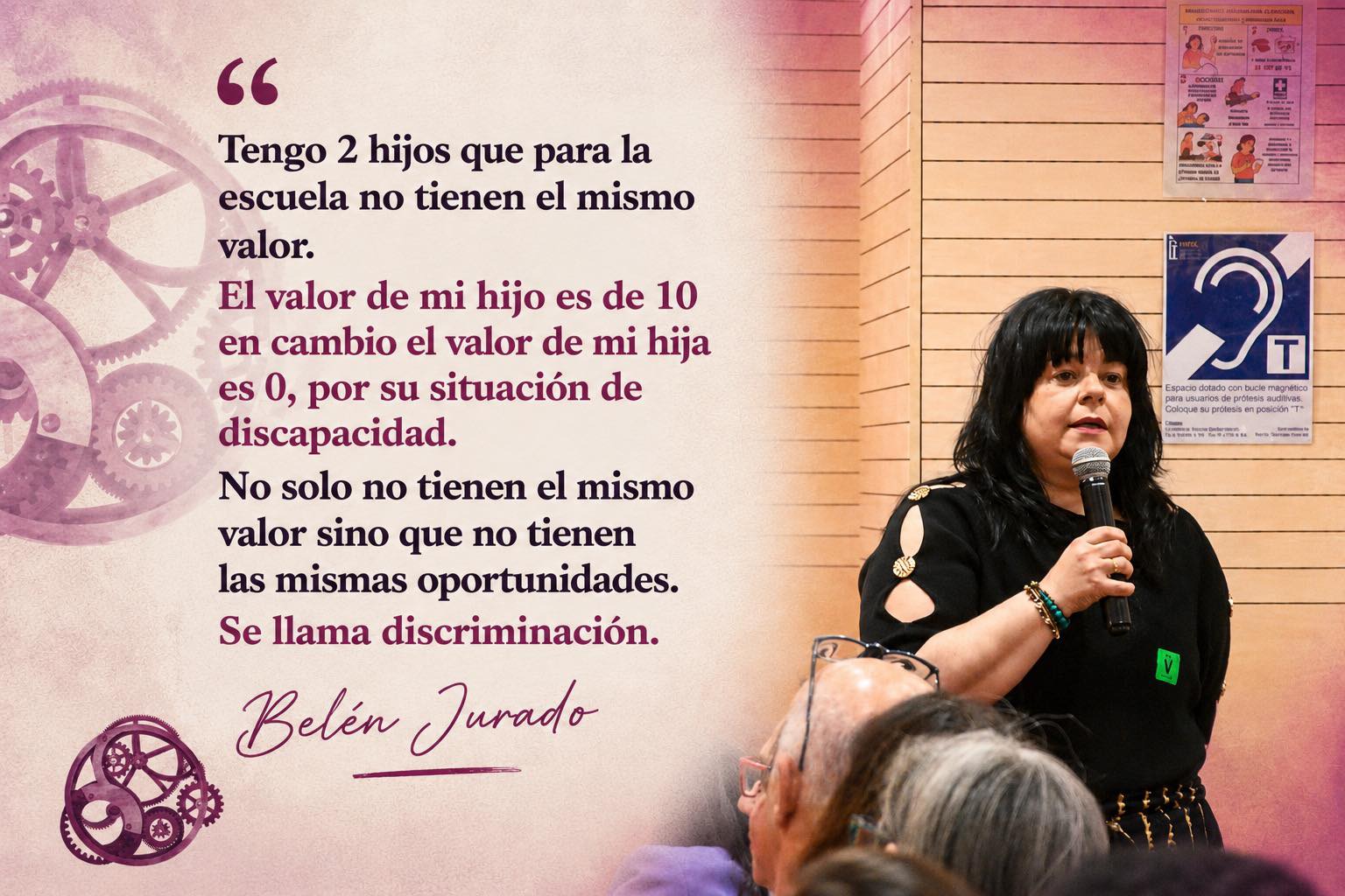 Mujer de pelo gris, suelto, habla de pie con micrófono en mano. Abajo, un engranaje de color granate, junto a las palabras "Workshop Incide". A la izquierda de la imagen puede leerse una cita de sus palabras: