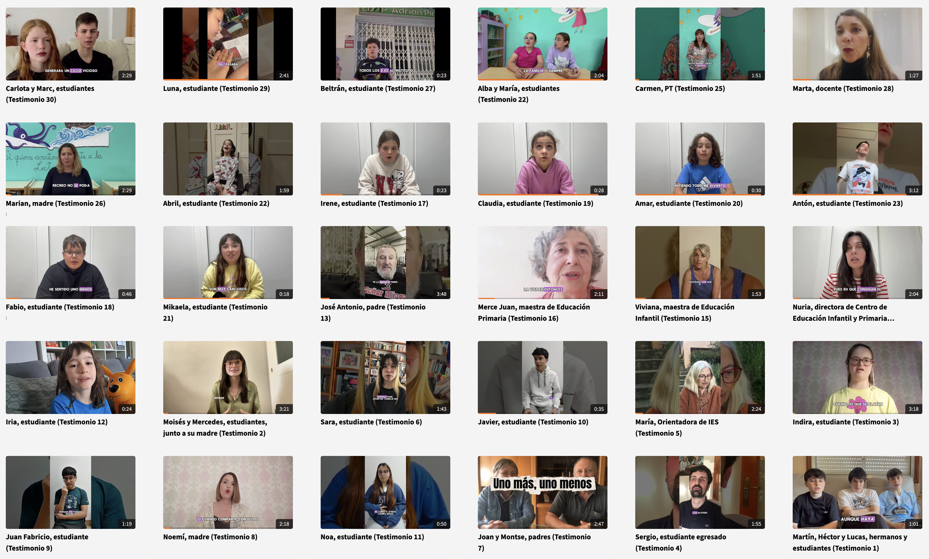 Imagen con la captura de pantalla de 30 videotestimonios en los que se ve a una persona en cada uno de ellos (excepto 2 de los videos, con 2 y 3 personas respectivamente)