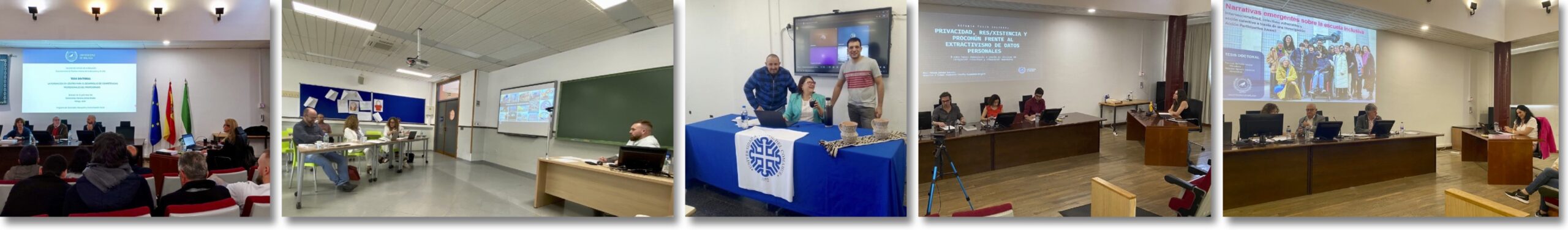 Banner construido con 5 fotografías de momentos de defensa de Tesis Doctorales: las de Mariana Alonso (Málaga, 2023), Jesús Moreno (Málaga, 2023), Karina Arch (Argentina, 2025), Fátima Solera (Málaga, 2025) y Luz Mojtar (Málaga, 2026).