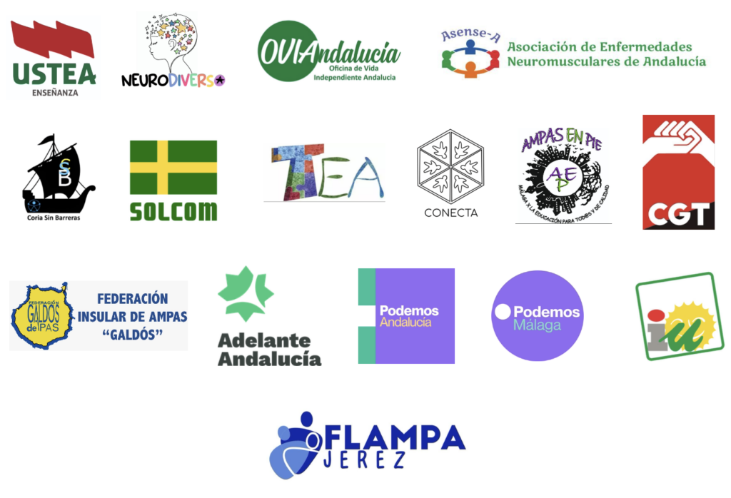 Logotipos de las siguientes organizaciones políticas, sindicatos, asociaciones y Federaciones de Ampas: USTEA Enseñanza, Neurodiverso, OVIAndalucía Oficina de Vida Independiente Andalucía, Asense Asociación de Enfermedades Neuromusculares de Andalucía, Coria Sin Barreras, Solcom, TEA Menorca, Conecta, AMPAS en Pie, CGT, Federación Insular de AMPAS "Galdós", Adelante Andalucía, Podemos Andalucía, Podemos Málaga, Izquierda Unida y FLAMPA Jerez.