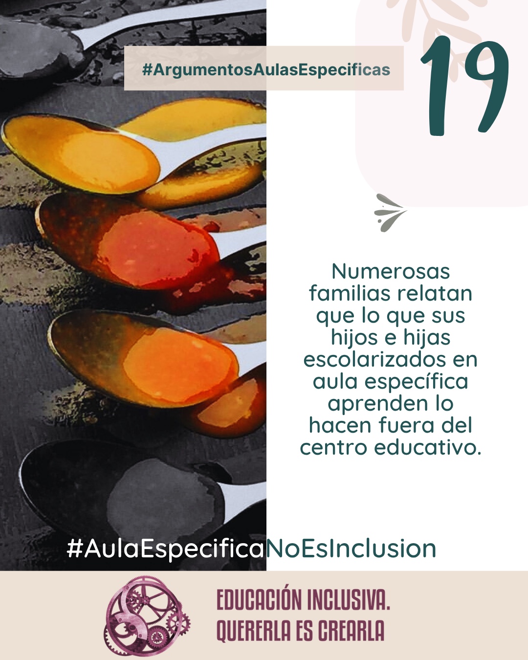 Imagen dividida en dos secciones verticales de igual tamaño. La mitad izquierda muestra una fotografía cenital de varias cucharas colocadas en fila sobre una superficie oscura y rugosa. Cada cuchara contiene especias y condimentos en polvo o en pasta de distintos colores vivos, incluyendo amarillo, anaranjado, rojizo y tonos oscuros. La mitad derecha consiste en un fondo uniforme de color blanco sobre el cual se aprecia, en la parte superior, la ilustración de una rama con hojas en un tono suave y beige, junto a un pequeño símbolo en forma de ave o flechas estilizadas en tono grisáceo. Puede leerse el texto: 19 #ArgumentosAulasEspecíficas Numerosas familias con hijos e hijas escolarizados en aula específica relatan que lo que estos aprenden, lo hacen fuera del centro educativo. En el margen inferior de la imagen se encuentra el logotipo de "Educación Inclusiva. Quererla es Crearla", con forma circular compuesto por varios engranajes mecánicos entrelazados en tonos violetas y burdeos. Sobre el logotipo se lee el Hashtag #AulaEspecíficaNoEsInclusión.